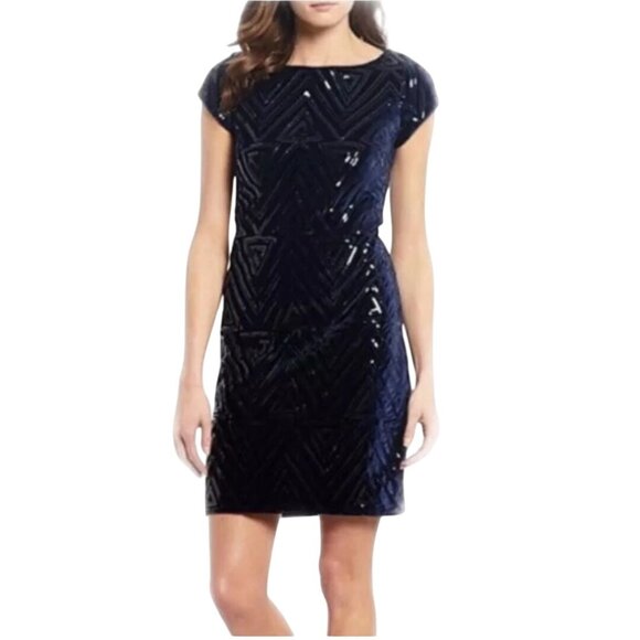 Eliza J Navy Velvet Sequined Zigzag Cap Sleeve Mini Dress Designer Size 10 - Picture 1 of 7